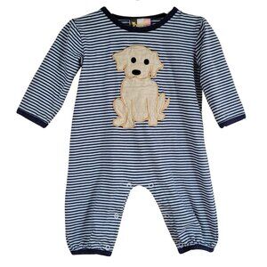 Banana Split Puppy Dog Romper Blue White Striped 6M Applique Long Sleeves Snaps